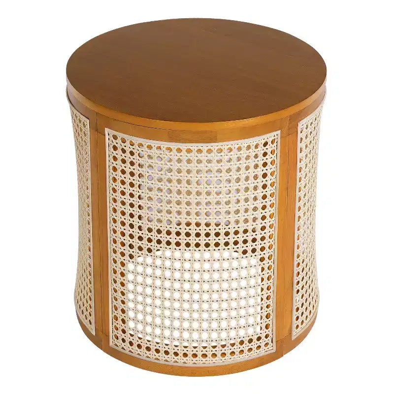 Table d'appoint ronde en rotin avec plateau en bois massif en caoutchouc, table de chevet de 40 cm, 40x40x45 cm