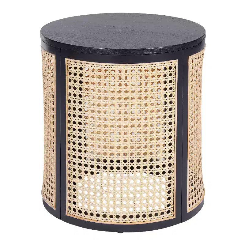 Table d'appoint ronde en rotin avec plateau en bois massif en caoutchouc, table de chevet de 40 cm, 40x40x45 cm