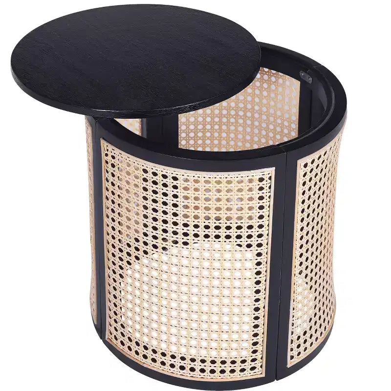 Table d'appoint ronde en rotin avec plateau en bois massif en caoutchouc, table de chevet de 40 cm, 40x40x45 cm