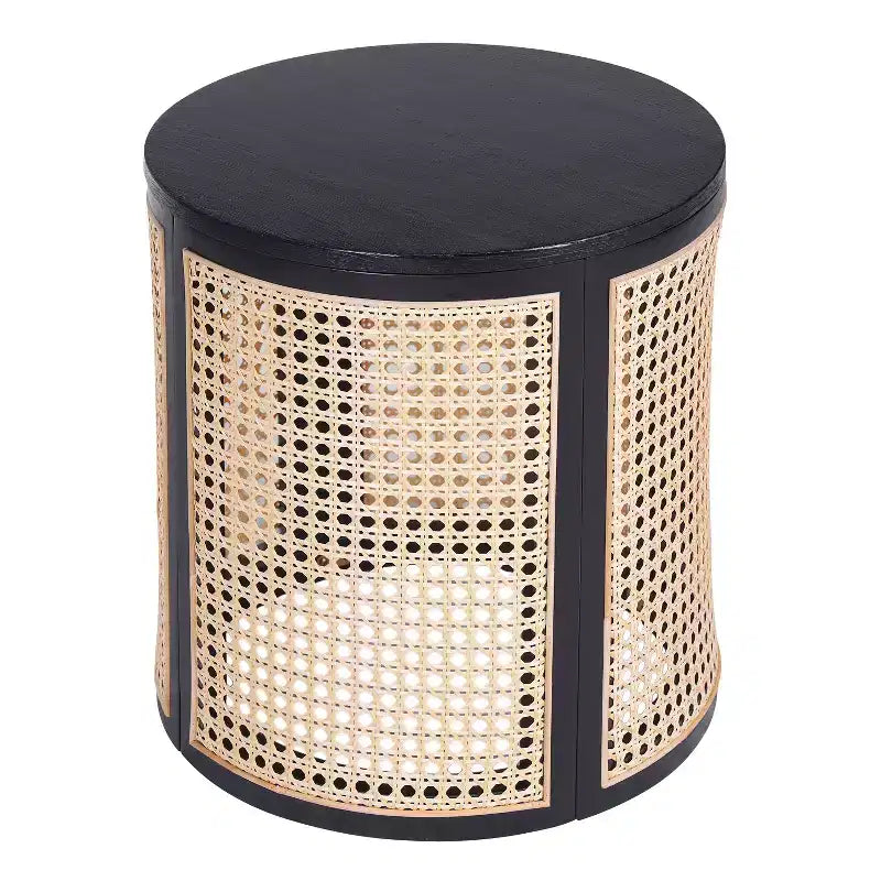 Table d'appoint ronde en rotin avec plateau en bois massif en caoutchouc, table de chevet de 40 cm, 40x40x45 cm