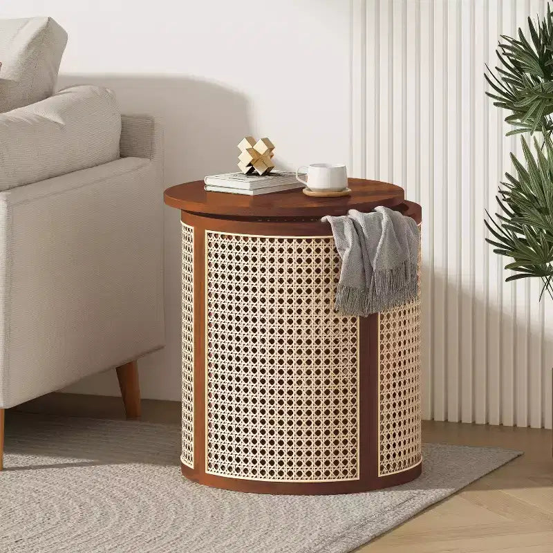 Table d'appoint ronde en rotin avec plateau en bois massif en caoutchouc, table de chevet de 40 cm, 40x40x45 cm