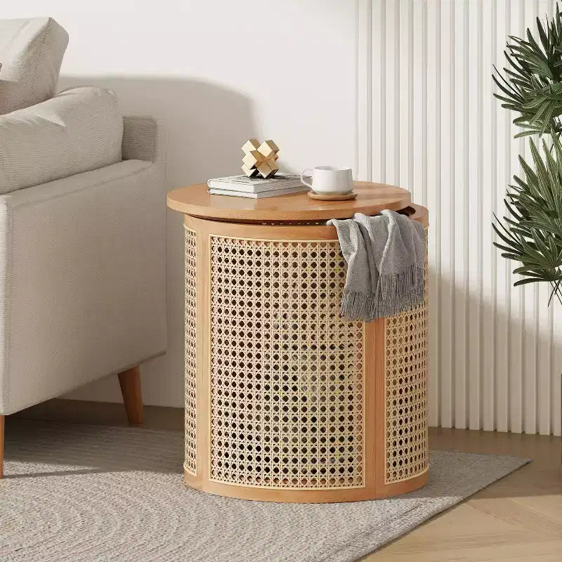 Table d'appoint ronde en rotin avec plateau en bois massif en caoutchouc, table de chevet de 40 cm, 40x40x45 cm