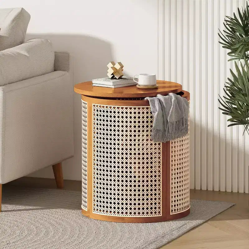 Table d'appoint ronde en rotin avec plateau en bois massif en caoutchouc, table de chevet de 40 cm, 40x40x45 cm