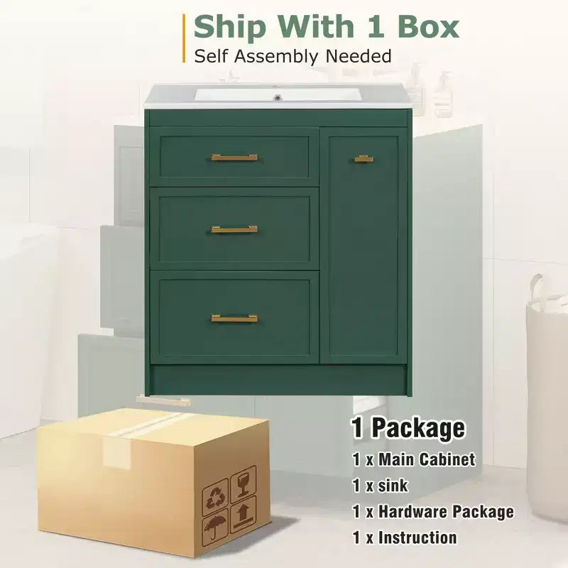 Meuble-lavabo de salle de bain de 30 po avec rangement, armoire de plancher avec tiroirs, vert forêt, 30x18,3x34 po