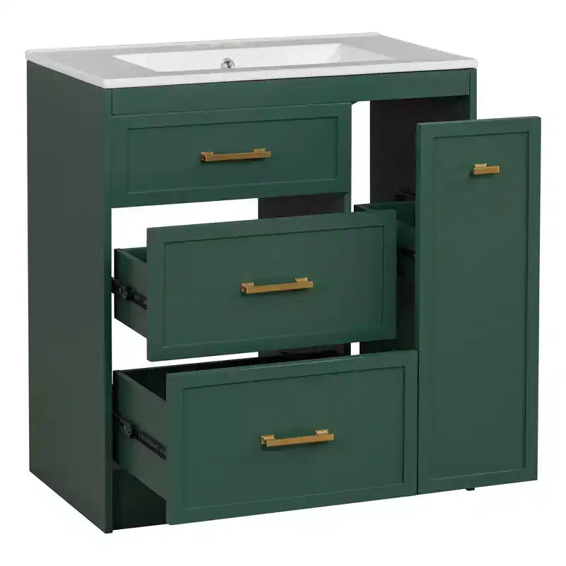 Meuble-lavabo de salle de bain de 30 po avec rangement, armoire de plancher avec tiroirs, vert forêt, 30x18,3x34 po