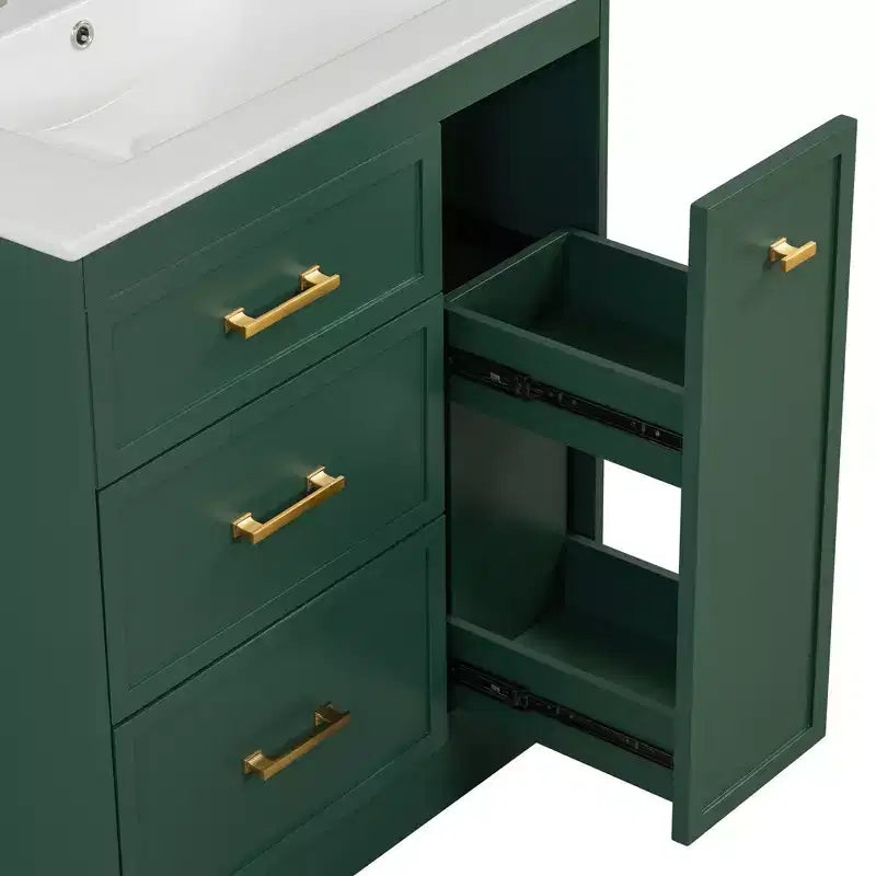 Meuble-lavabo de salle de bain de 30 po avec rangement, armoire de plancher avec tiroirs, vert forêt, 30x18,3x34 po