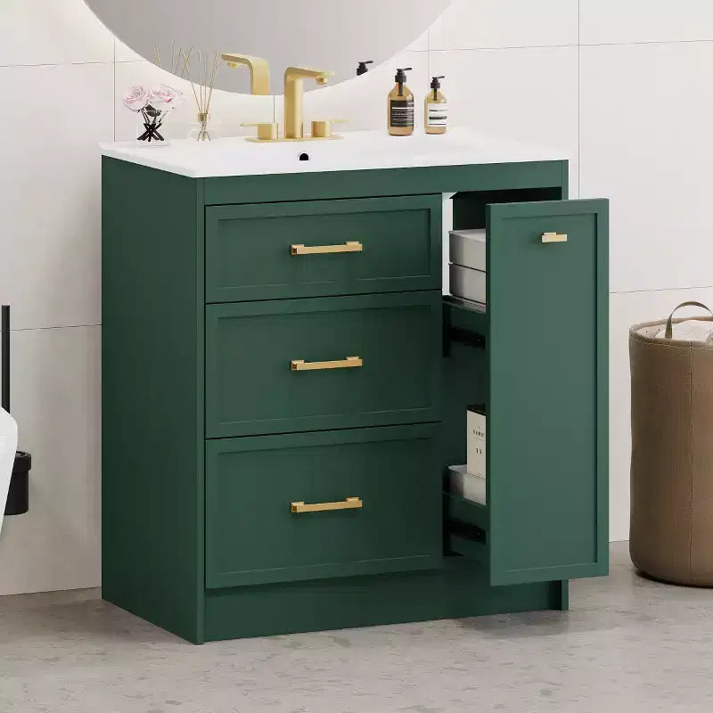 Meuble-lavabo de salle de bain de 30 po avec rangement, armoire de plancher avec tiroirs, vert forêt, 30x18,3x34 po