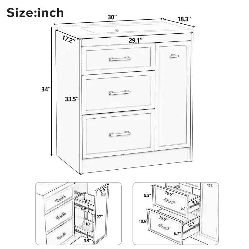 Meuble-lavabo de salle de bain de 30 po avec rangement, armoire de plancher avec tiroirs, vert forêt, 30x18,3x34 po