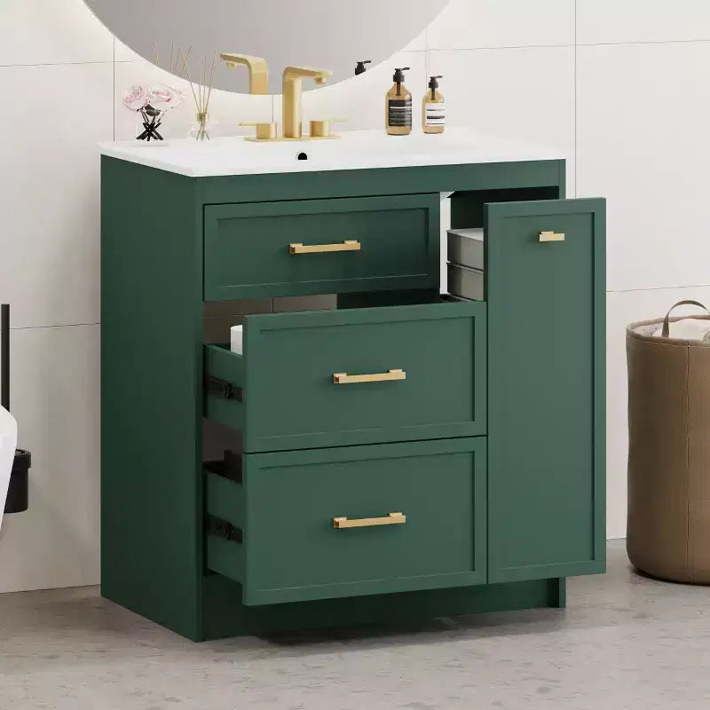 Meuble-lavabo de salle de bain de 30 po avec rangement, armoire de plancher avec tiroirs, vert forêt, 30x18,3x34 po
