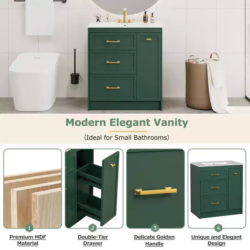 Meuble-lavabo de salle de bain de 30 po avec rangement, armoire de plancher avec tiroirs, vert forêt, 30x18,3x34 po