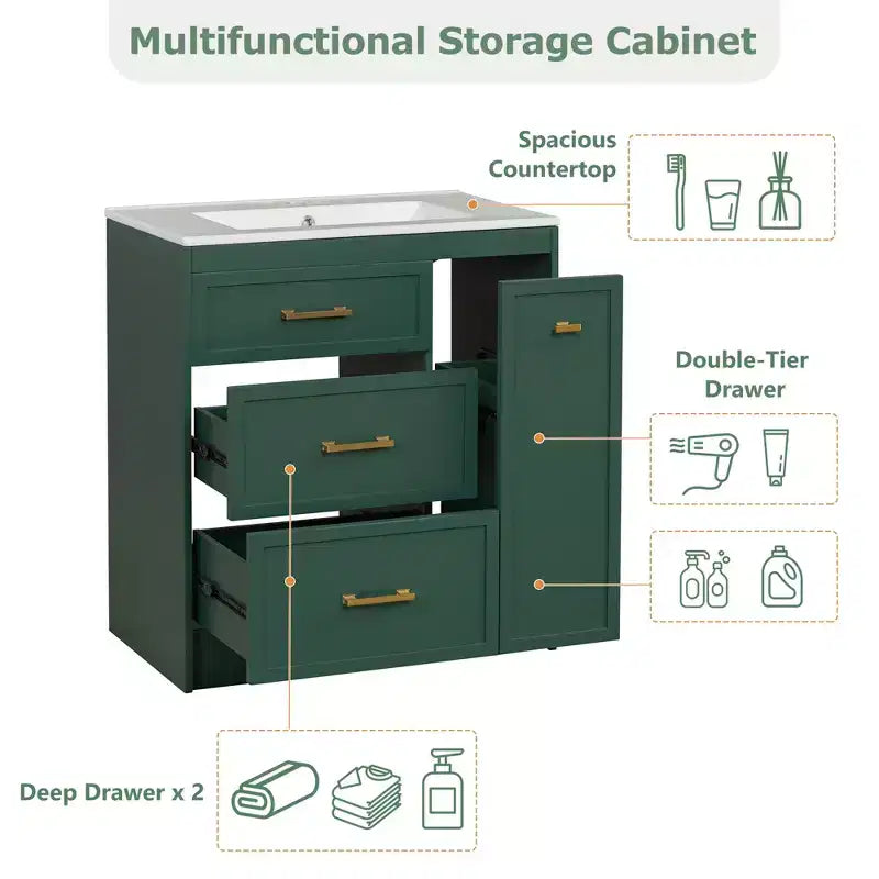 Meuble-lavabo de salle de bain de 30 po avec rangement, armoire de plancher avec tiroirs, vert forêt, 30x18,3x34 po