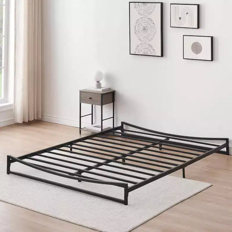 Cadre de lit plateforme en métal profil bas pour lit Queen, tête de lit concave, aucun sommier tapissier requis, 25x167x17 po