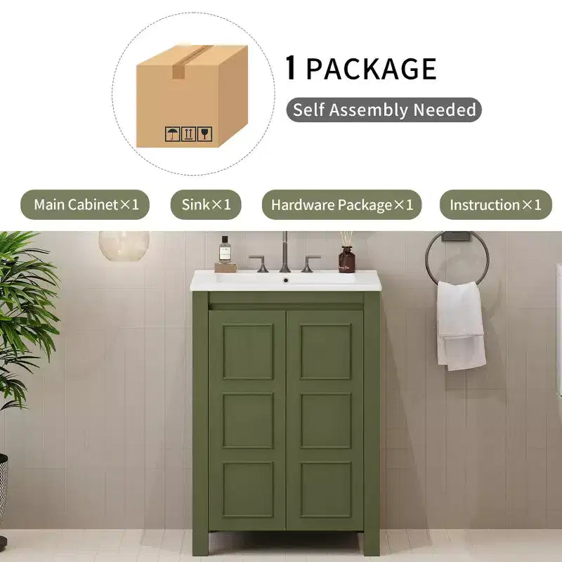 Meuble-lavabo de 61 cm pour petite salle de bain avec portes à fermeture douce, meuble autoportant avec étagère réglable, vert olive, 61x46,5x85,9 cm