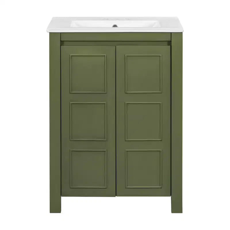 Meuble-lavabo de 61 cm pour petite salle de bain avec portes à fermeture douce, meuble autoportant avec étagère réglable, vert olive, 61x46,5x85,9 cm