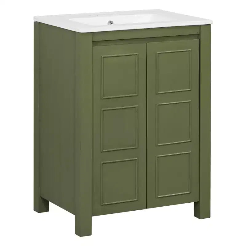 Meuble-lavabo de 61 cm pour petite salle de bain avec portes à fermeture douce, meuble autoportant avec étagère réglable, vert olive, 61x46,5x85,9 cm