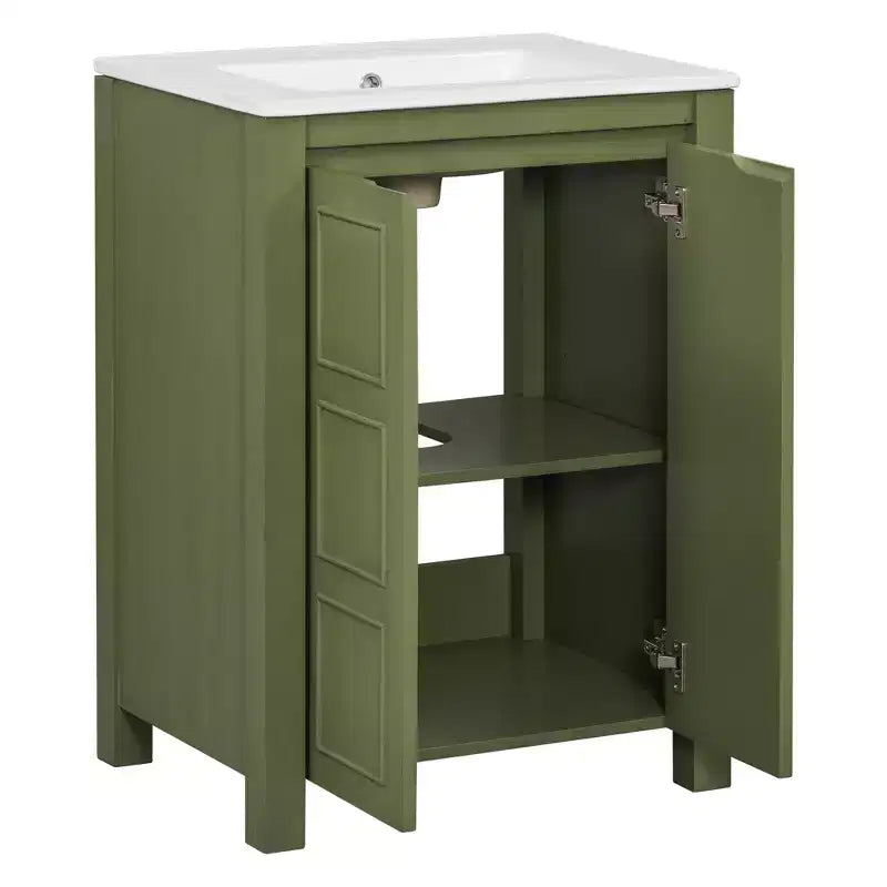 Meuble-lavabo de 61 cm pour petite salle de bain avec portes à fermeture douce, meuble autoportant avec étagère réglable, vert olive, 61x46,5x85,9 cm