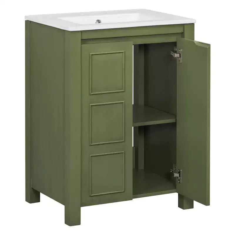 Meuble-lavabo de 61 cm pour petite salle de bain avec portes à fermeture douce, meuble autoportant avec étagère réglable, vert olive, 61x46,5x85,9 cm