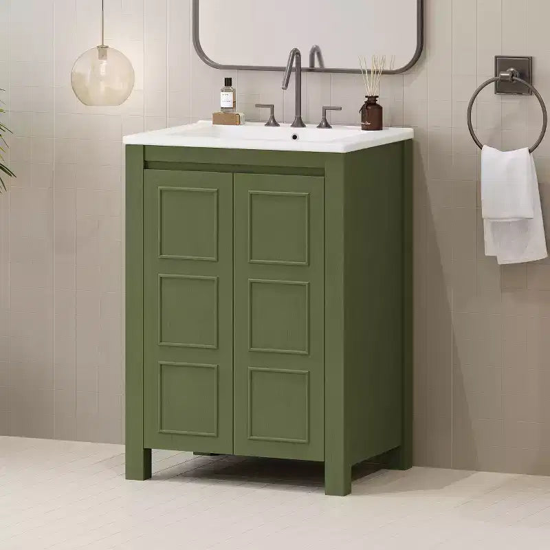 Meuble-lavabo de 61 cm pour petite salle de bain avec portes à fermeture douce, meuble autoportant avec étagère réglable, vert olive, 61x46,5x85,9 cm