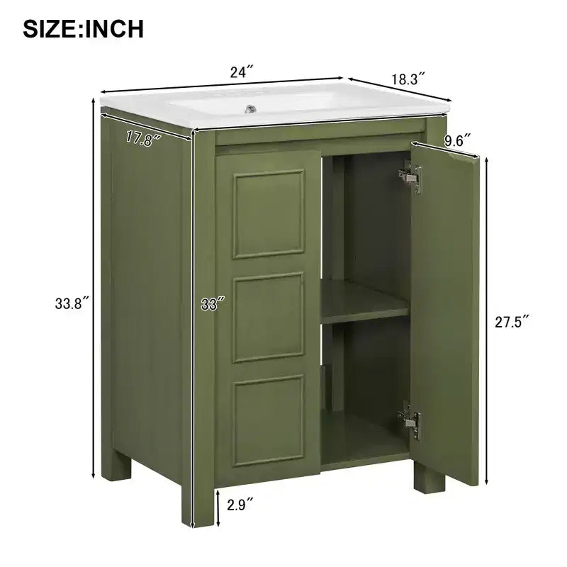 Meuble-lavabo de 61 cm pour petite salle de bain avec portes à fermeture douce, meuble autoportant avec étagère réglable, vert olive, 61x46,5x85,9 cm