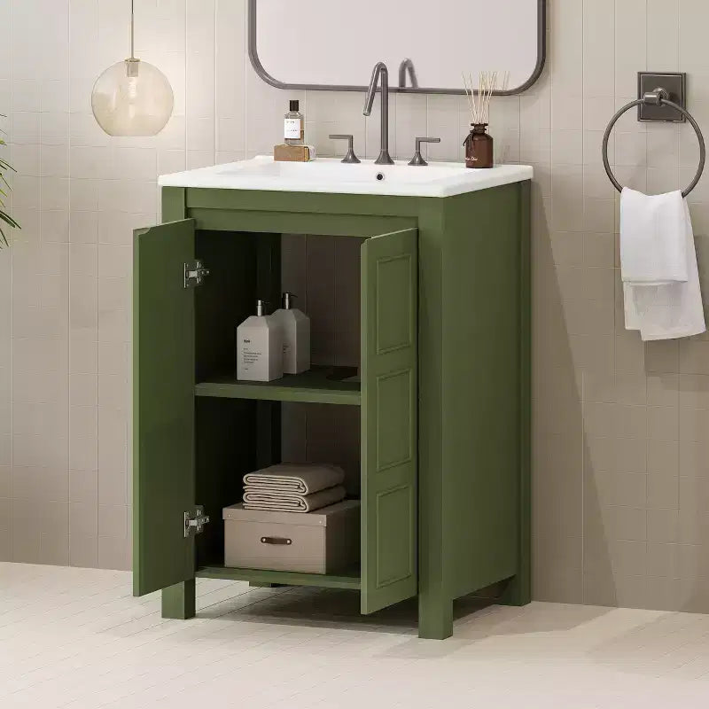 Meuble-lavabo de 61 cm pour petite salle de bain avec portes à fermeture douce, meuble autoportant avec étagère réglable, vert olive, 61x46,5x85,9 cm