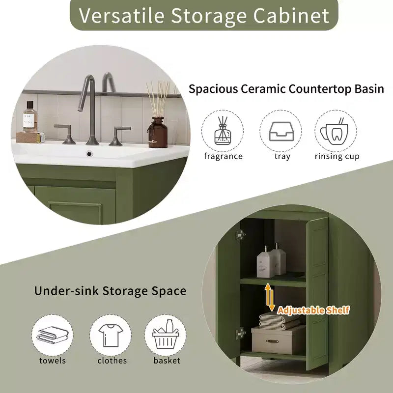 Meuble-lavabo de 61 cm pour petite salle de bain avec portes à fermeture douce, meuble autoportant avec étagère réglable, vert olive, 61x46,5x85,9 cm