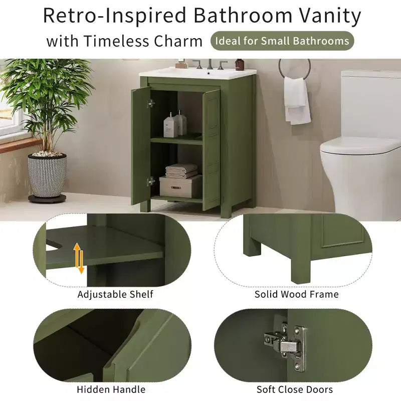 Meuble-lavabo de 61 cm pour petite salle de bain avec portes à fermeture douce, meuble autoportant avec étagère réglable, vert olive, 61x46,5x85,9 cm