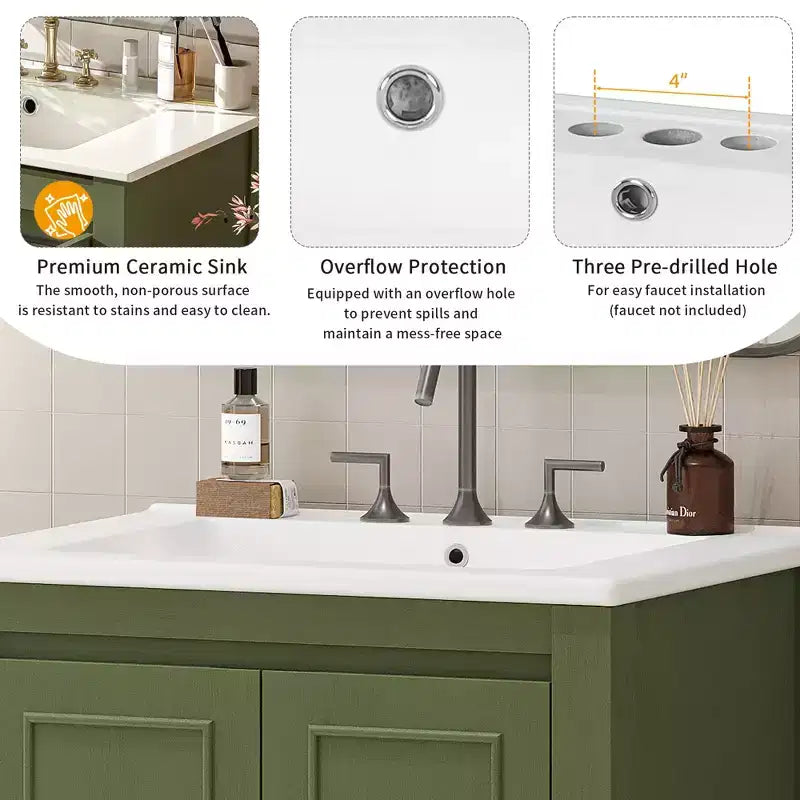 Meuble-lavabo de 61 cm pour petite salle de bain avec portes à fermeture douce, meuble autoportant avec étagère réglable, vert olive, 61x46,5x85,9 cm