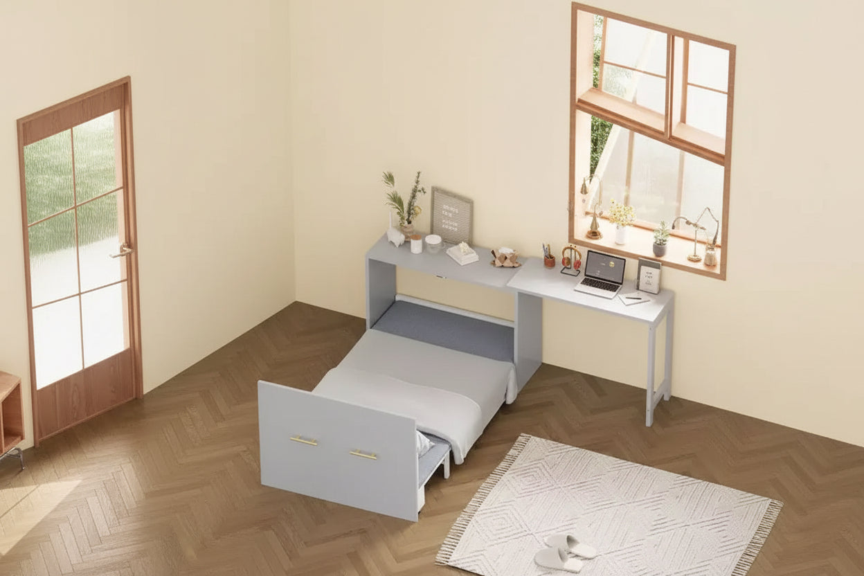 Whisen Twin Size Murphy Cabinet Bed Frame, Murphy Chest Dresser Bed with Adjustable Position Desk, Foldable Cushion