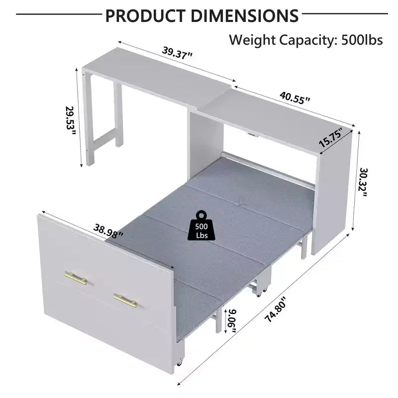 Lit escamotable format jumeau avec bureau réglable et coussin pliable, 74,8x30,3x79,9 po