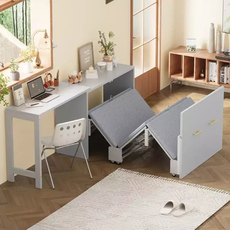 Lit escamotable format jumeau avec bureau réglable et coussin pliable, 74,8x30,3x79,9 po