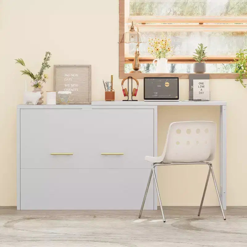 Lit escamotable format jumeau avec bureau réglable et coussin pliable, 74,8x30,3x79,9 po