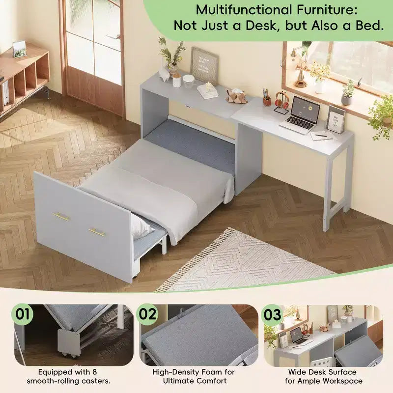 Lit escamotable format jumeau avec bureau réglable et coussin pliable, 74,8x30,3x79,9 po