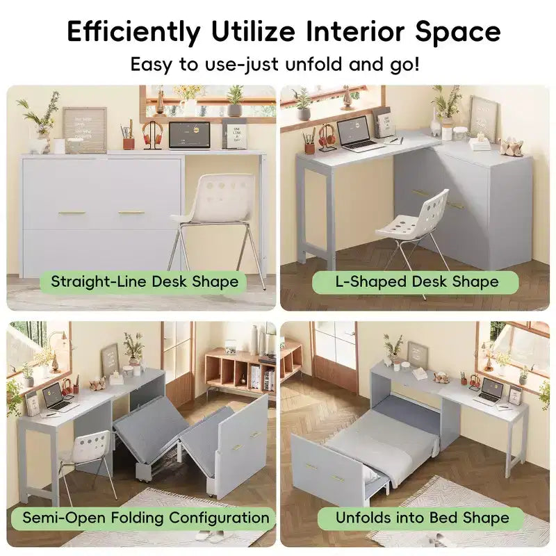 Lit escamotable format jumeau avec bureau réglable et coussin pliable, 74,8x30,3x79,9 po