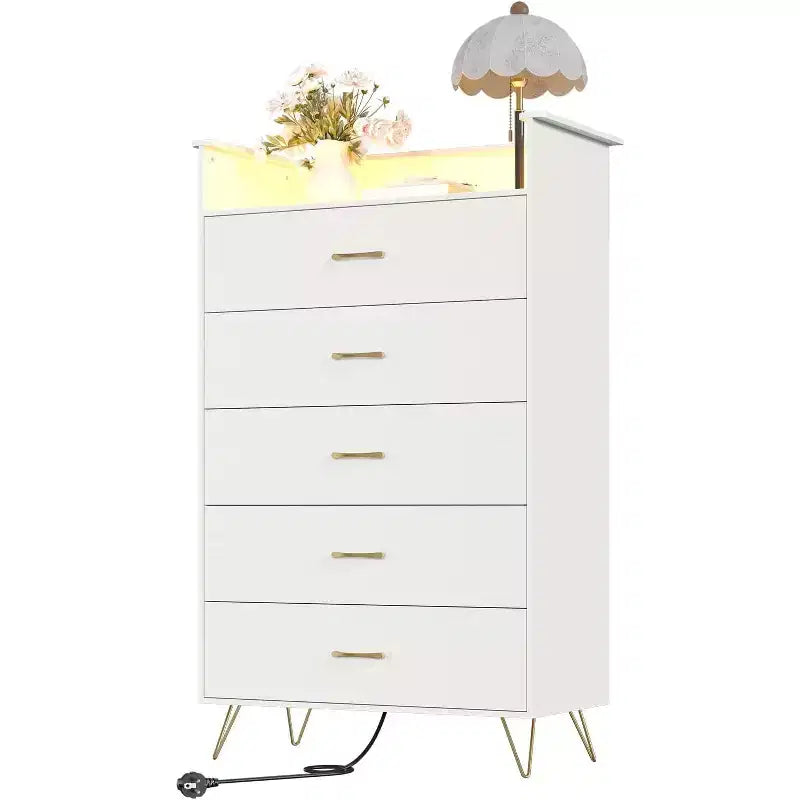 Commode haute moderne à 5 tiroirs pour chambre à coucher, commode en bois avec glissières à fermeture silencieuse, résistante à l'eau, 84,6 x 42,4 x 134,9 cm