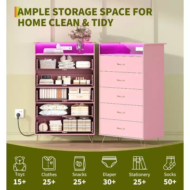 Commode haute moderne à 5 tiroirs pour chambre à coucher, commode en bois avec glissières à fermeture silencieuse, résistante à l'eau, 84,6 x 42,4 x 134,9 cm