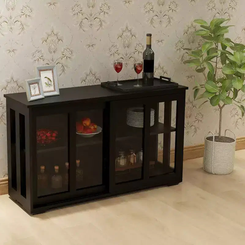 Buffet de cuisine avec portes coulissantes en verre, étagère réglable à 2 niveaux, 106,4 x 35,6 x 62,5 cm