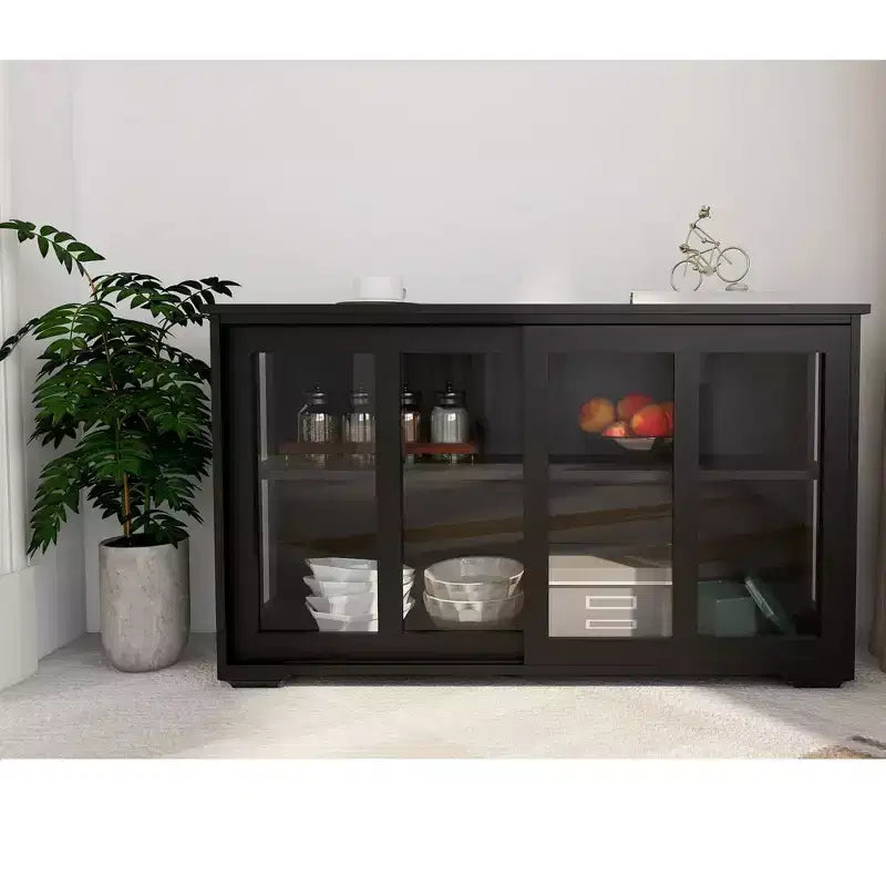 Buffet de cuisine avec portes coulissantes en verre, étagère réglable à 2 niveaux, 106,4 x 35,6 x 62,5 cm