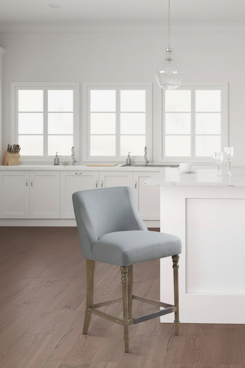 Tabouret de bar rembourré de 63,5 cm de hauteur de comptoir, assise carrée avec pieds en bois, tissu polyester bleu