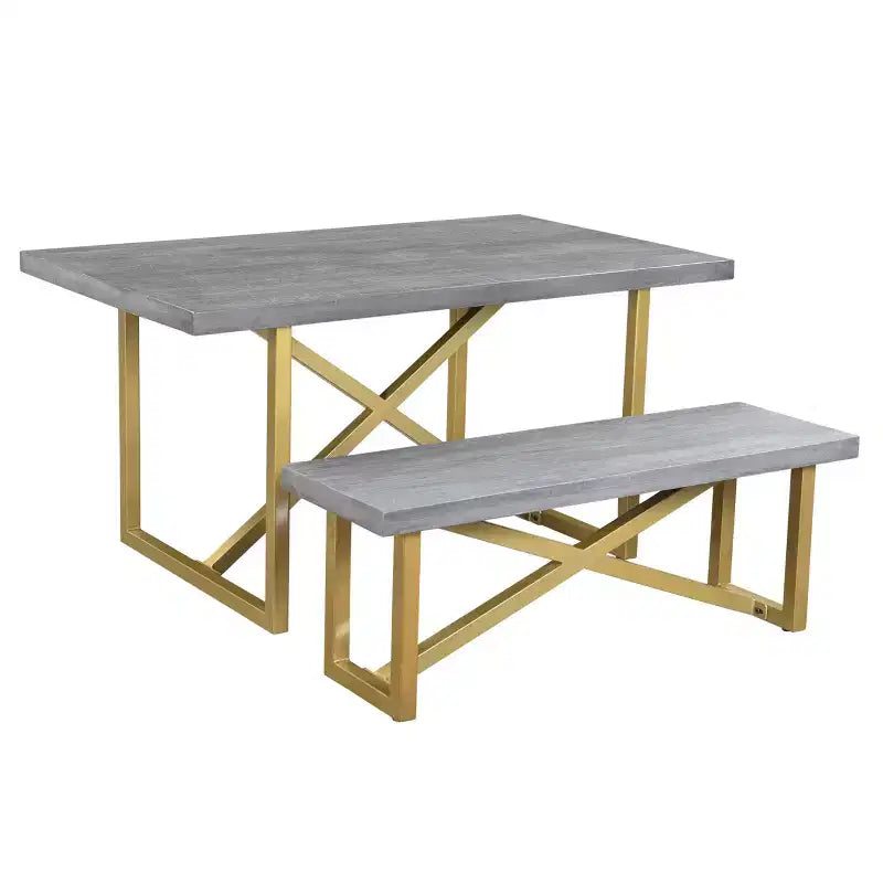 Table à manger rectangulaire en bois de manguier de 152 cm, finition gris et or, 4 places, 150x89x76 cm