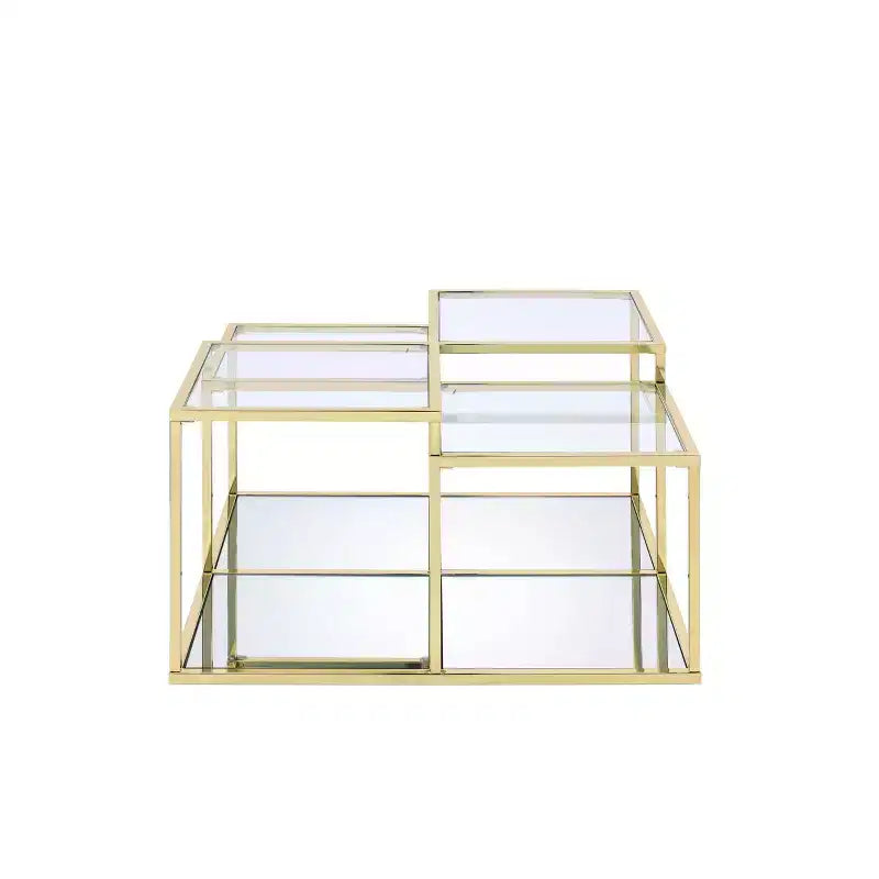 Table basse carrée de 34 po, plateau en verre trempé avec cadre en métal doré, 34x34x19 po