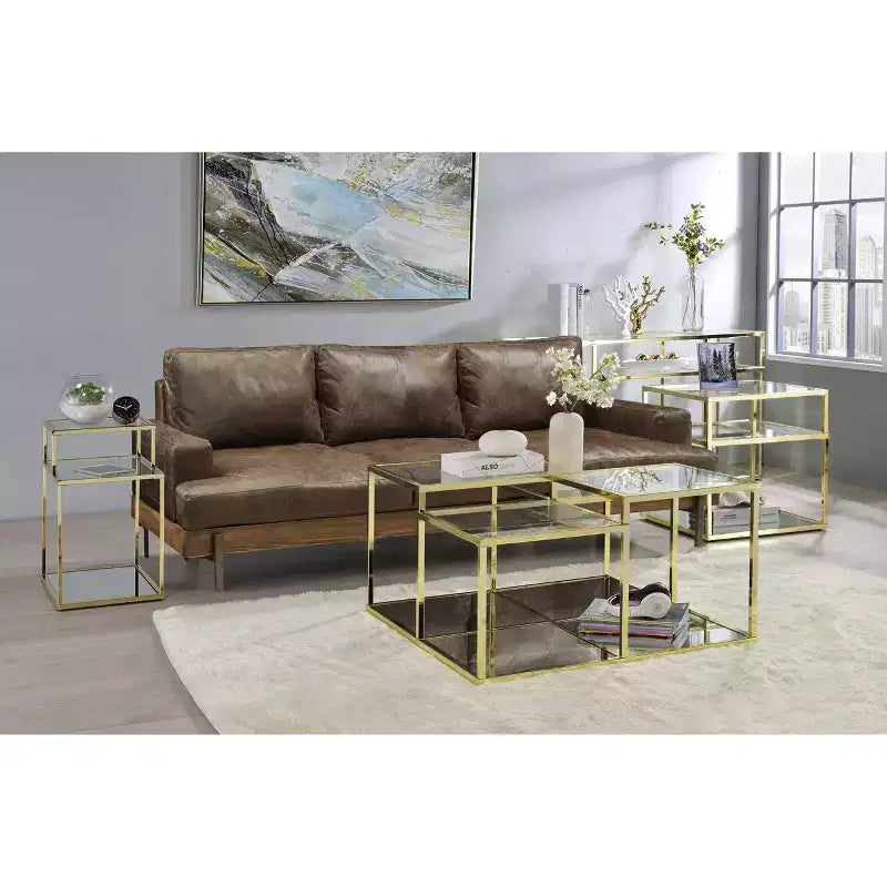 Table basse carrée de 34 po, plateau en verre trempé avec cadre en métal doré, 34x34x19 po