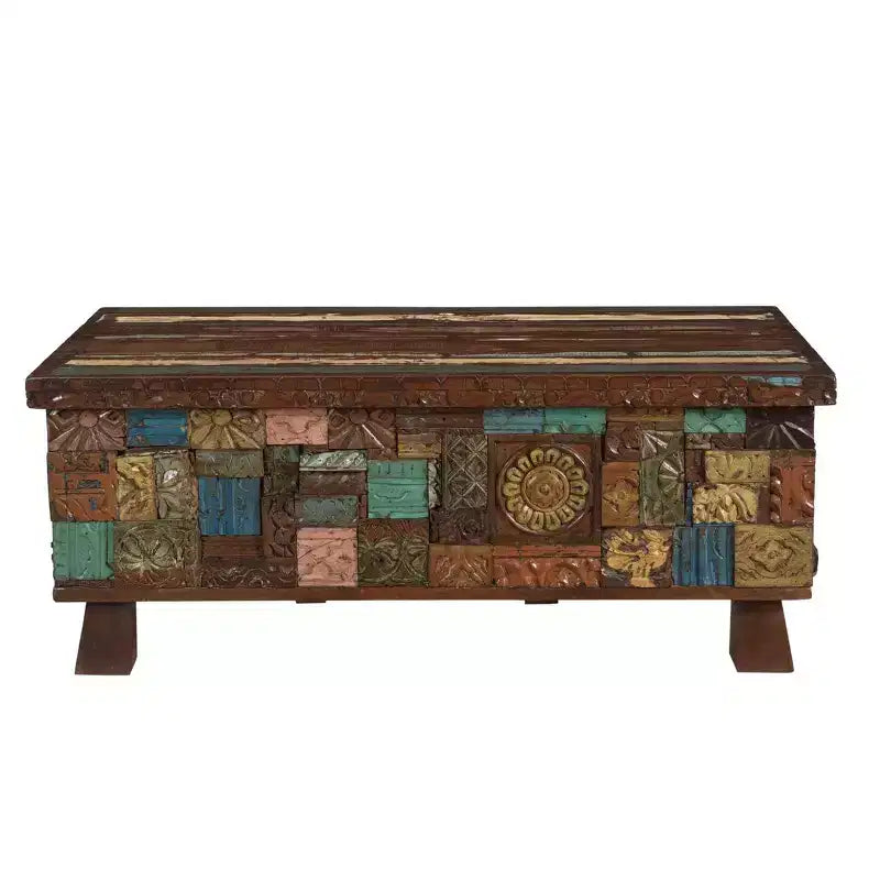 Table basse coffre en bois recyclé, rangement rustique avec piètement piédestal, aucun assemblage, 25x47x19 po