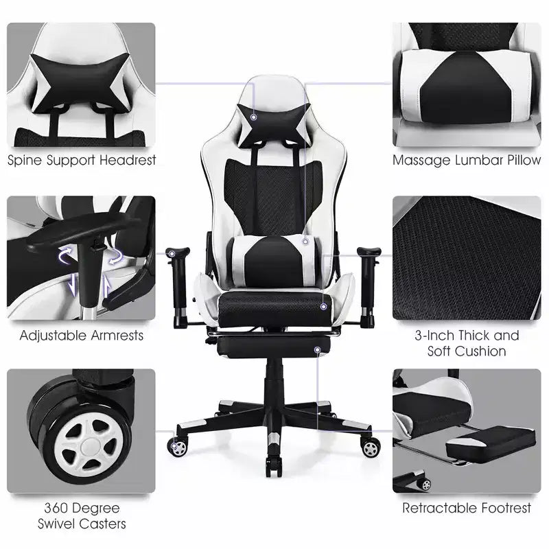 Chaise de massage gaming, Fauteuil de bureau inclinable avec repose-pieds, Blanc