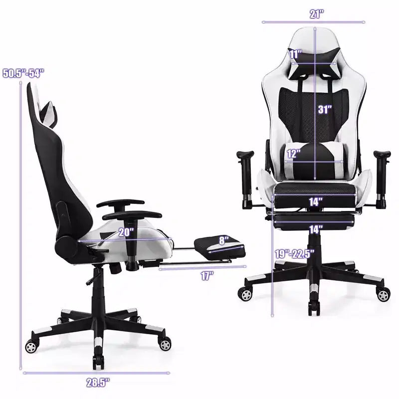 Chaise de massage gaming, Fauteuil de bureau inclinable avec repose-pieds, Blanc