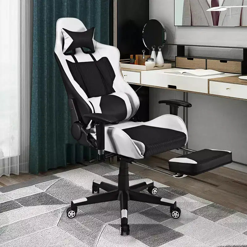 Chaise de massage gaming, Fauteuil de bureau inclinable avec repose-pieds, Blanc