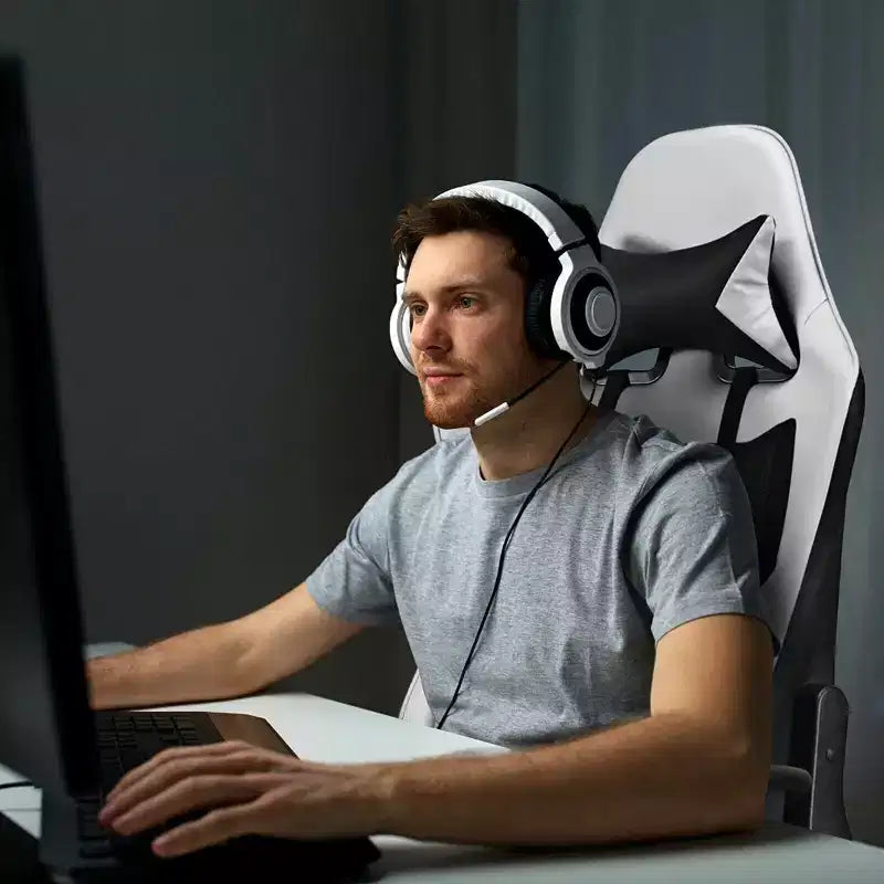 Chaise de massage gaming, Fauteuil de bureau inclinable avec repose-pieds, Blanc