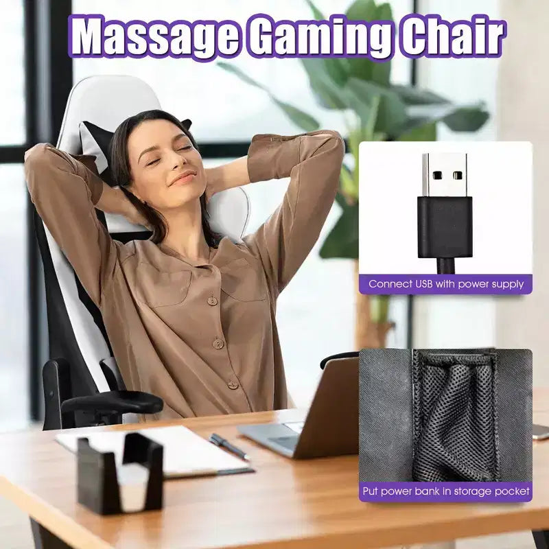 Chaise de massage gaming, Fauteuil de bureau inclinable avec repose-pieds, Blanc
