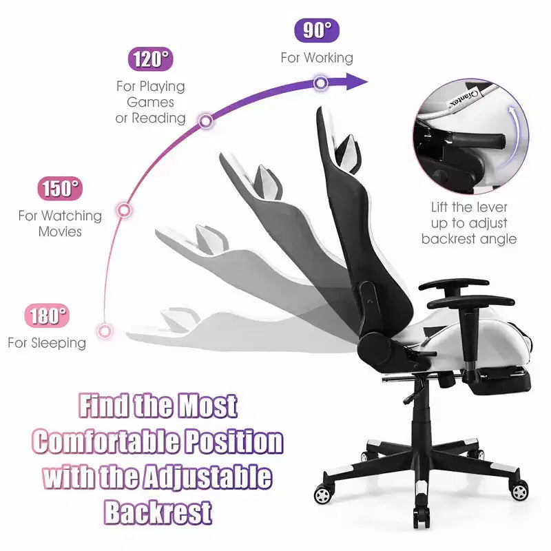 Chaise de massage gaming, Fauteuil de bureau inclinable avec repose-pieds, Blanc