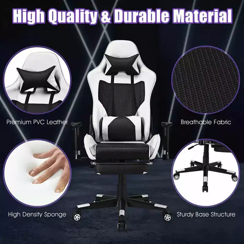 Chaise de massage gaming, Fauteuil de bureau inclinable avec repose-pieds, Blanc