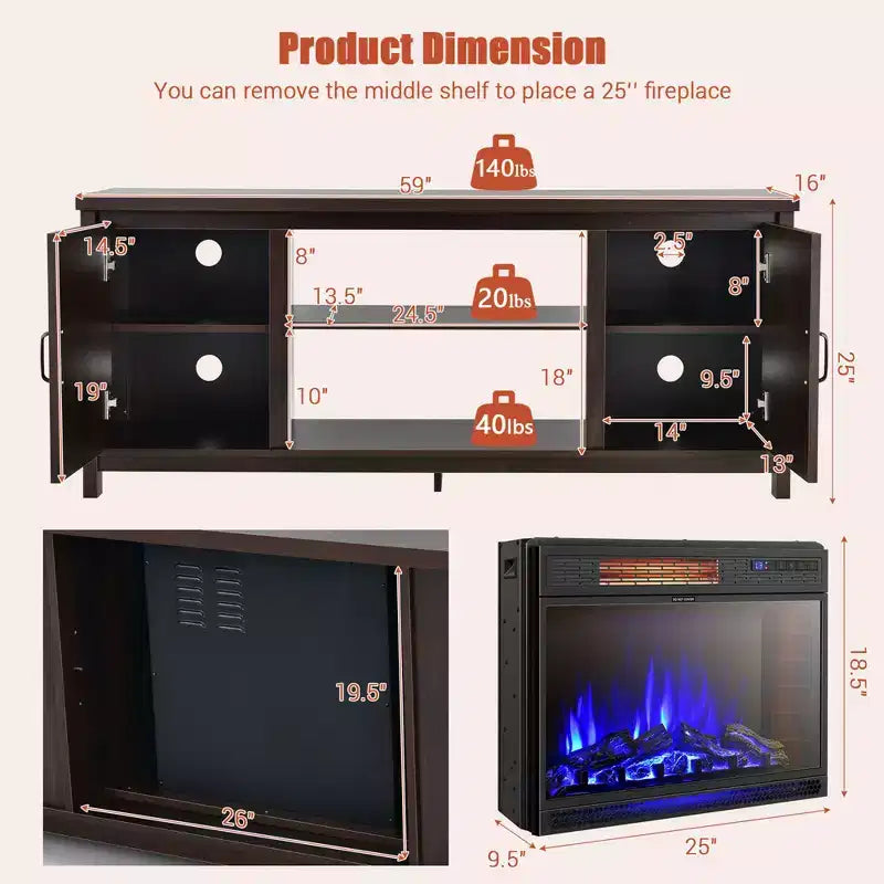 Meuble TV de 59 po avec cheminée électrique de 25 po de 1350 W et télécommande, convient aux téléviseurs jusqu'à 65 po